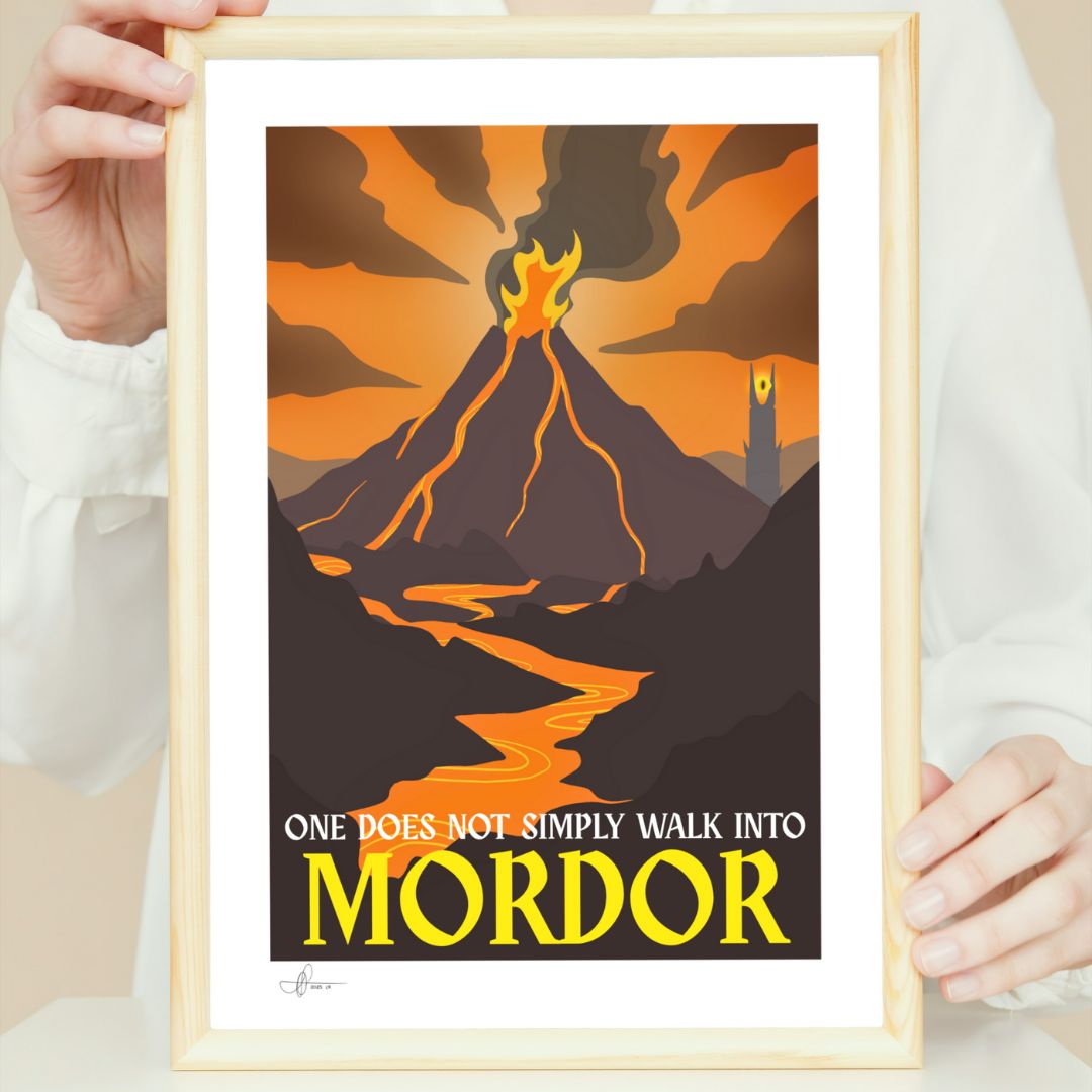 Framed poster with 'One Does Not Simply Walk into Mordor' text and mountain graphic.