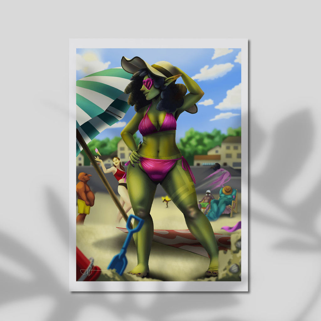 Enhanced Archival Matte A4 - Vibrant fantasy art featuring a green goblin woman in magenta bikini at a sunny beach with colorful beachgoers and striped umbrella