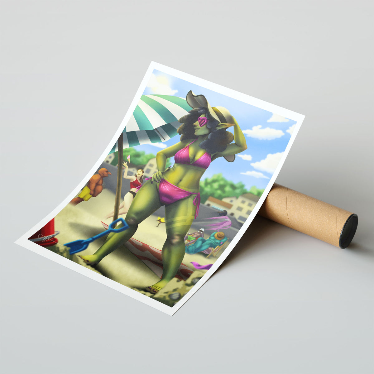 Enhanced Archival Matte A4 - Bold lime green goblin character artwork with hot pink accents, playful beach scene, and whimsical fantasy illustration