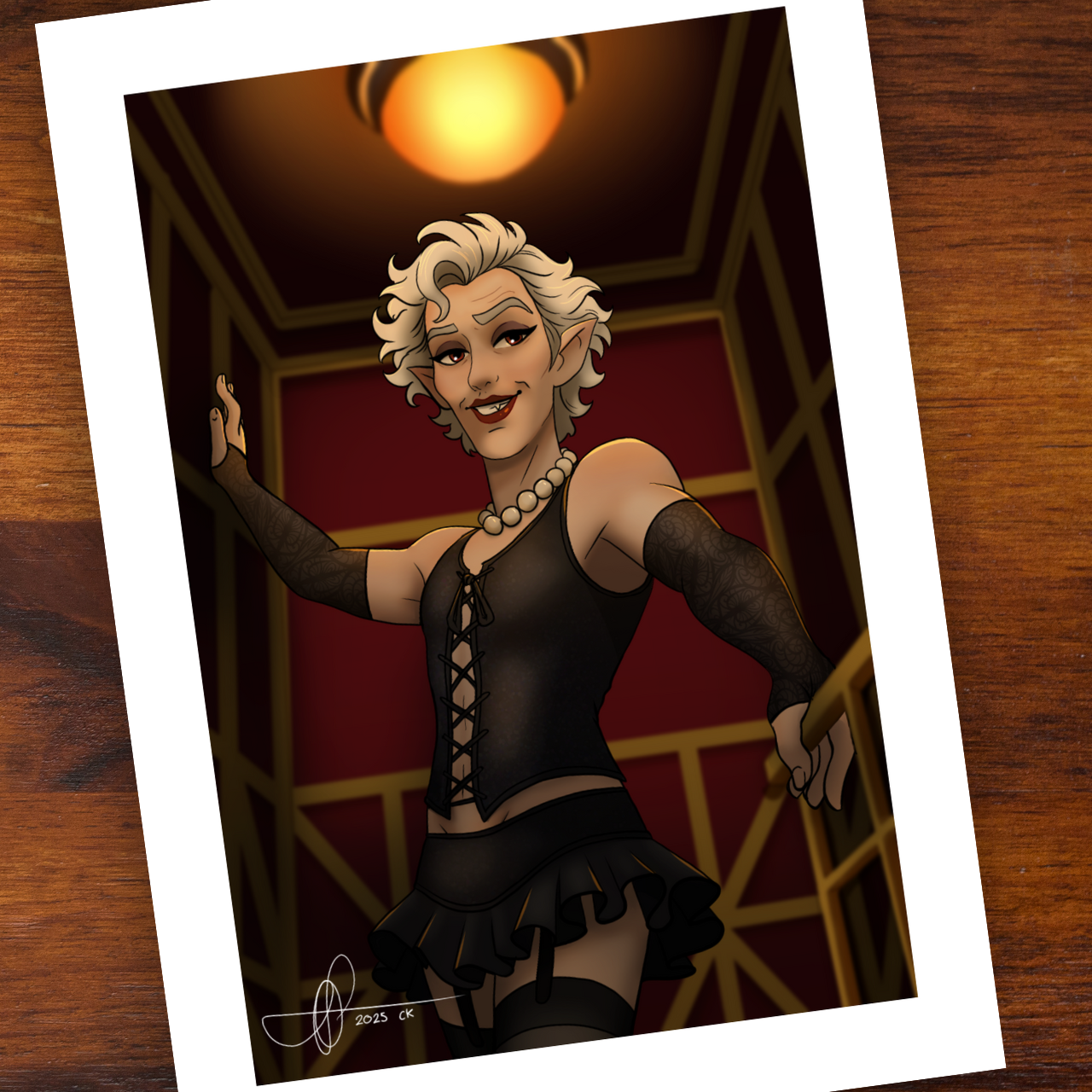 Illustration of astarian in BG3 in blank lingerie with a red background