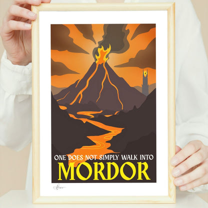 Framed poster with 'One Does Not Simply Walk into Mordor' text and mountain graphic.