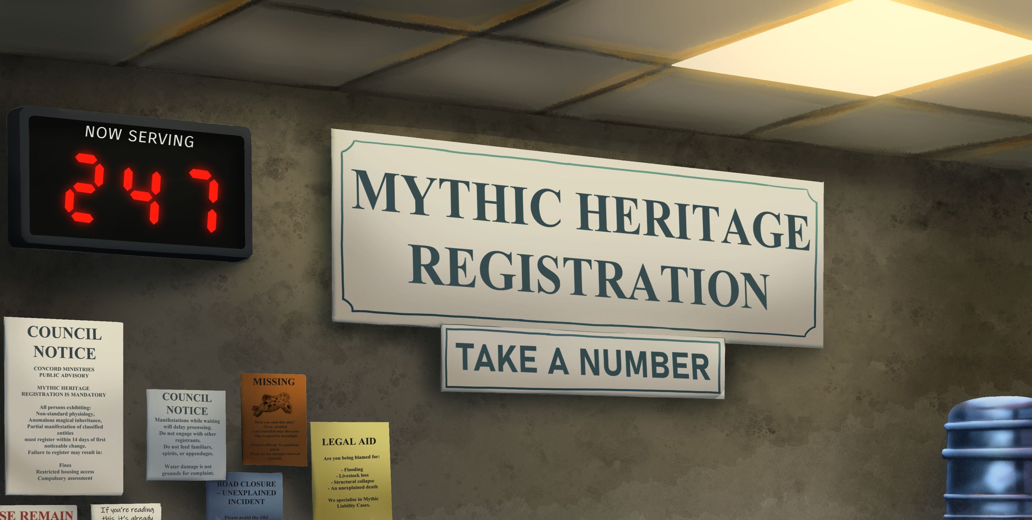 Sign for Mythic Heritage Registration with a digital clock displaying '247' on a wall.
