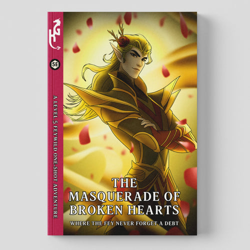 A boxed or book-like product standing upright on a light gray background. The front cover shows an illustrated fantasy character in gold armor with red accents, and the spine is bright pink with white text.