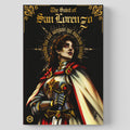 A book or box cover featuring an illustrated medieval female figure in armor and a red-and-gold cape on a black background, with the title 'The Saint of San Lorenzo' at the top, shown against a light gray studio background.