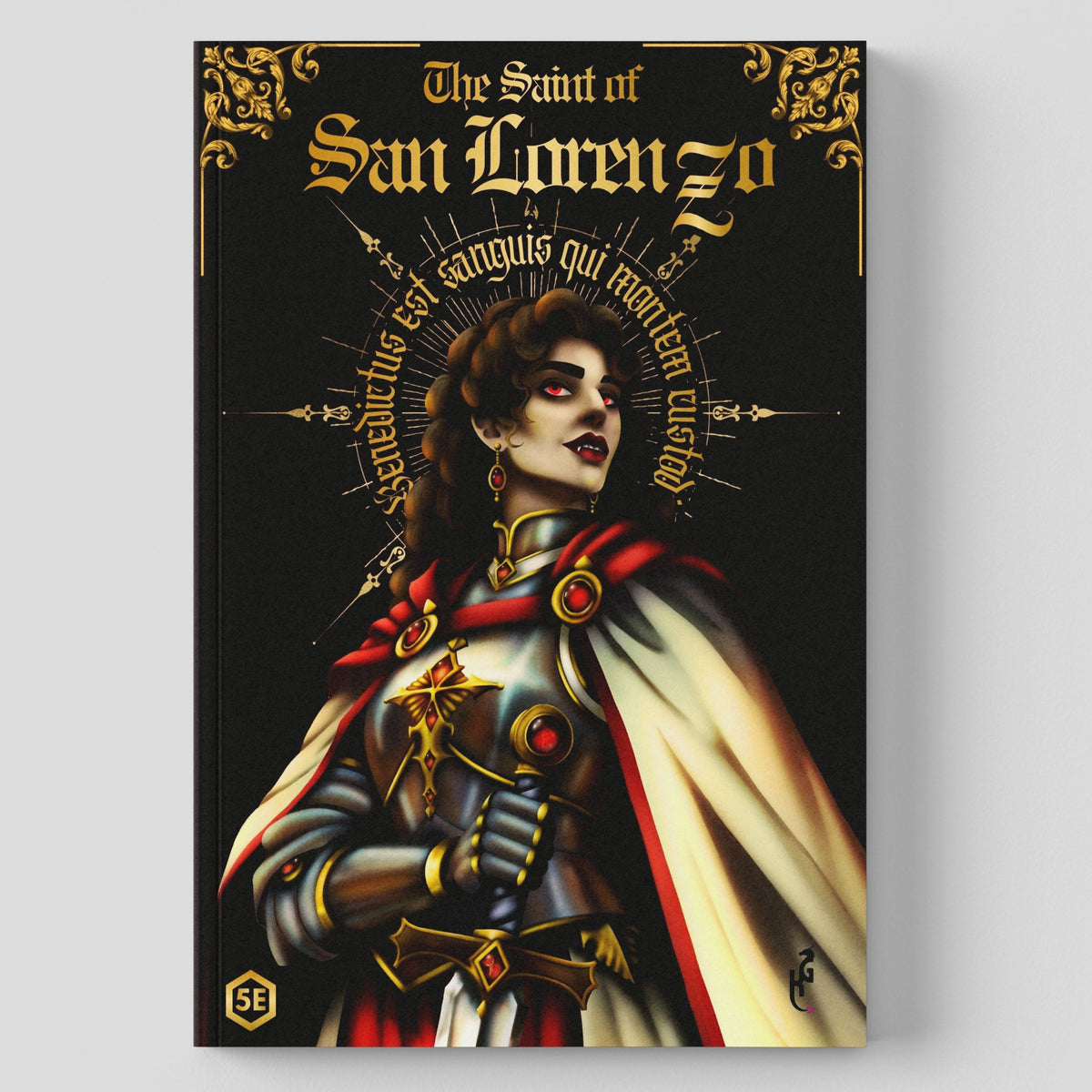 A book or box cover featuring an illustrated medieval female figure in armor and a red-and-gold cape on a black background, with the title 'The Saint of San Lorenzo' at the top, shown against a light gray studio background.